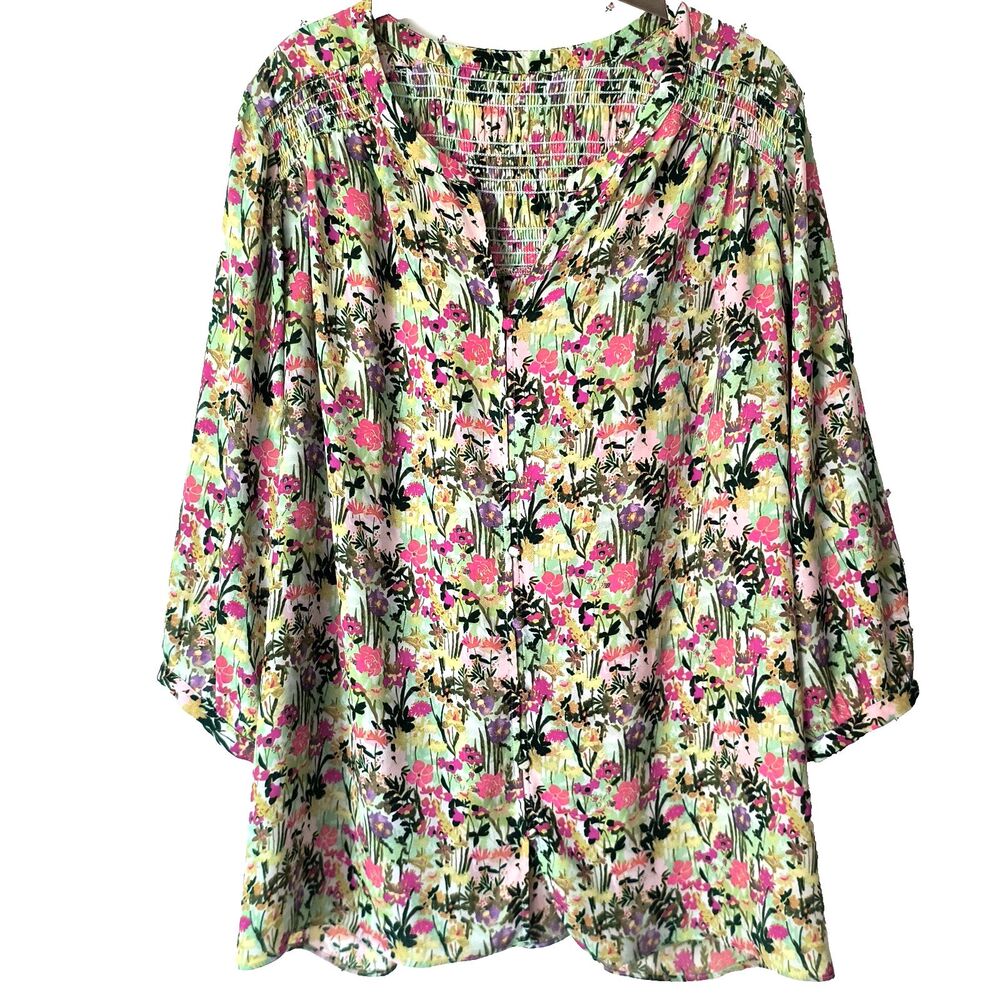Rose & Olive Top 2X* Floral Blouse 3/4 Sleeve Cottagecore Smocking Buttons